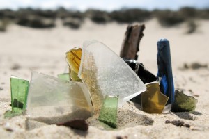 Collection of glass on a dune in Het Zwin, West Flanders, Belgium