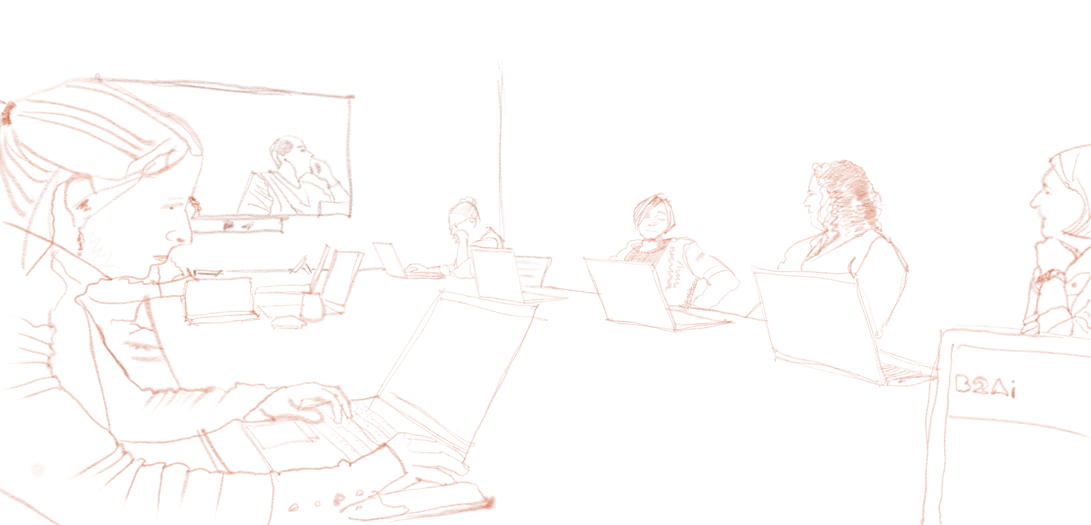 People sitting at a meeting table, freehand drawing.
